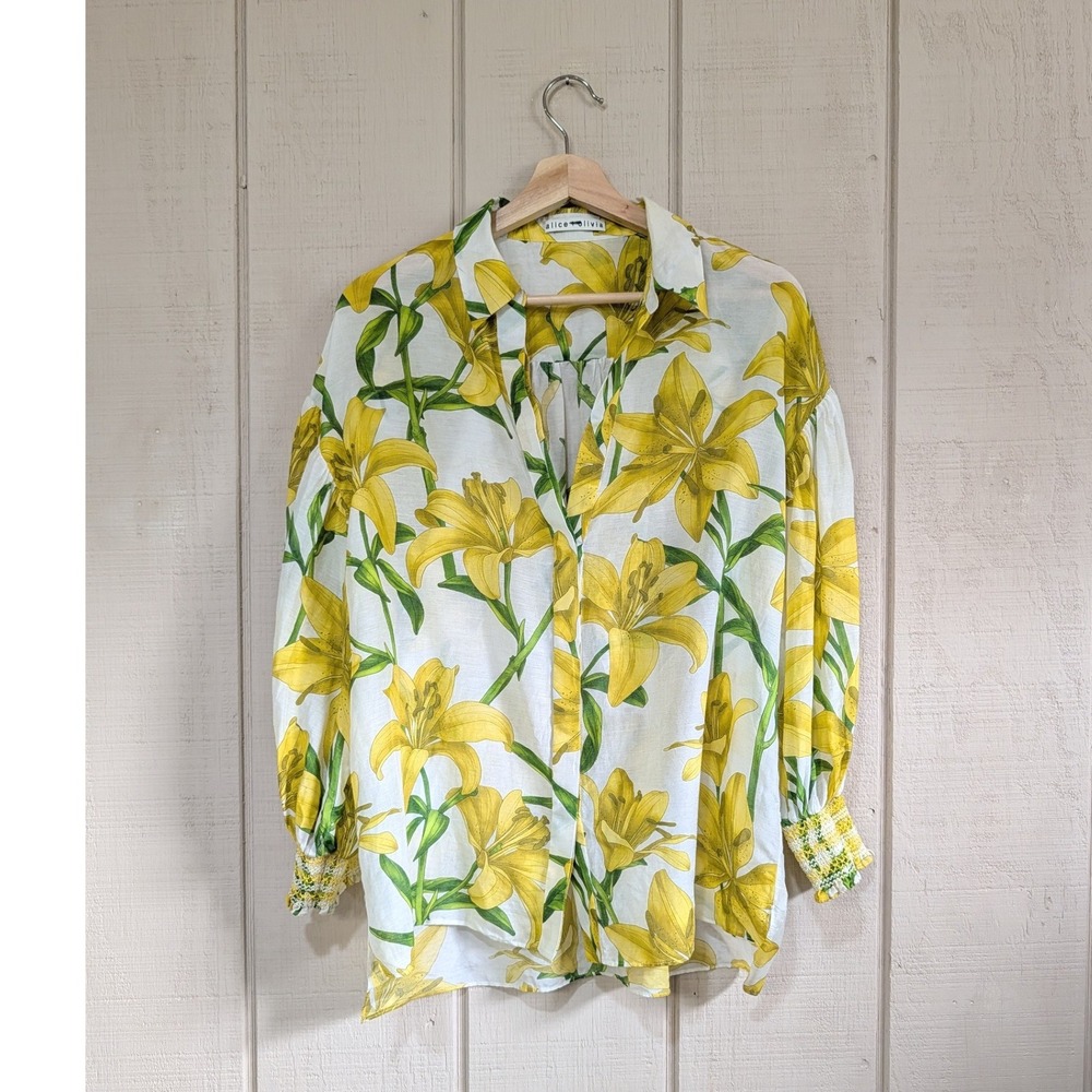 Alice +‎ Olivia Maylin Yellow Lily Floral Silk Blend Puff Sleeve Blouse Large - Picture 4 of 16